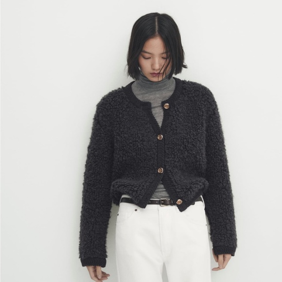 Massimo Dutti Boucle Knit Cardigan with button Charcoal Gray - Picture 7 of 12